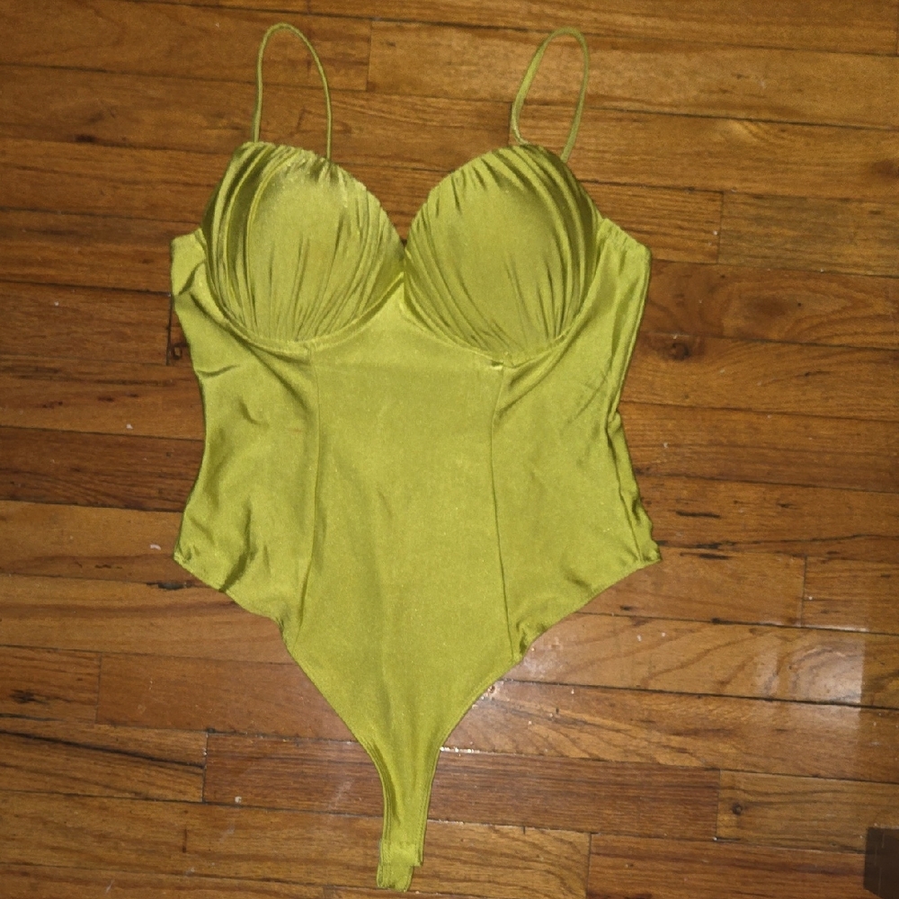 Vibrant Green Bodysuit with Bustier Top and Corset Effect